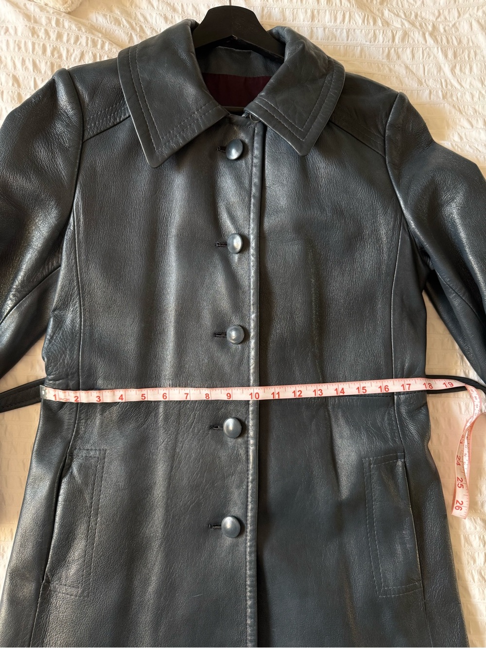 Vintage Genuine Leather Long Cool Dark Blue Belted Trench Coat Jacket - Picture 8 of 11